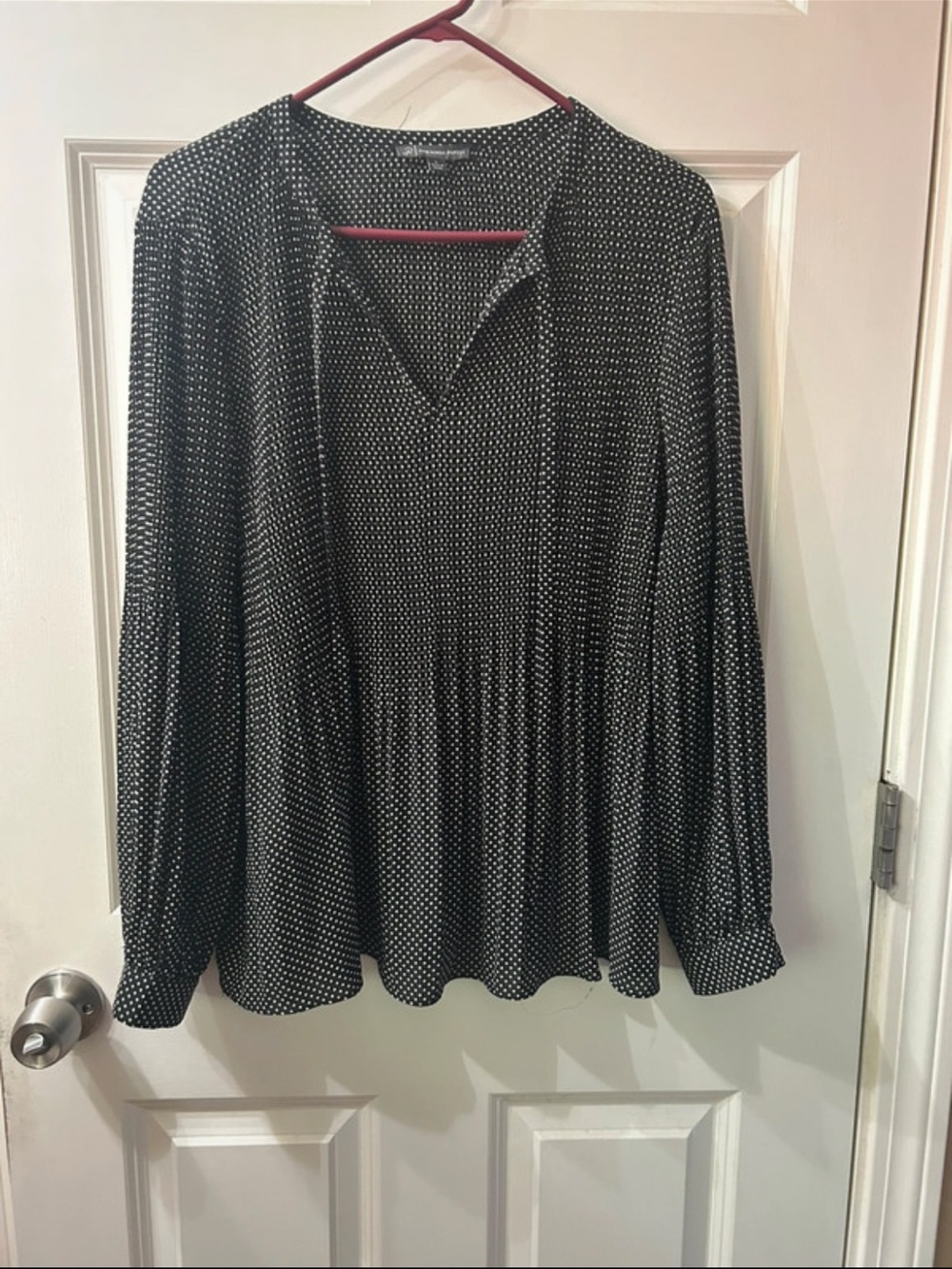 Adrianna Papel! Micro-Polka Dot Pleated Blouse in black and white.